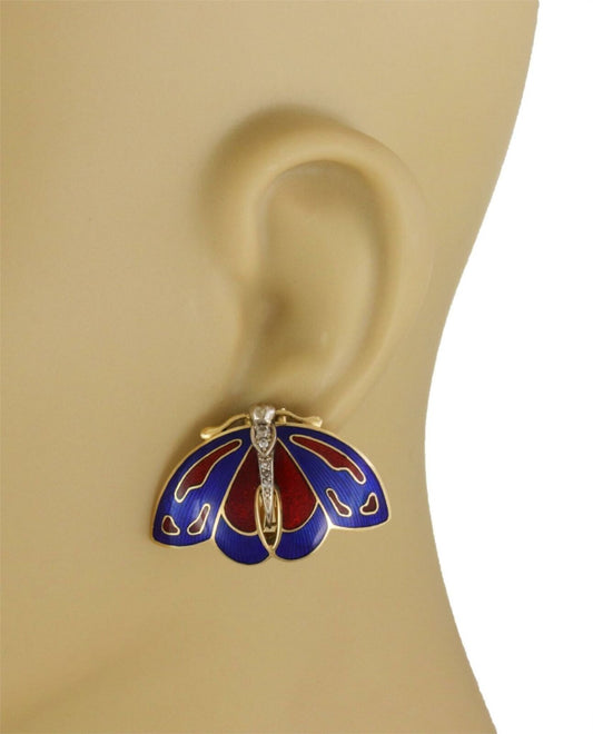 Diamond Blue Red Enamel 18k & 14k Gold Butterfly Clip On Earrings
