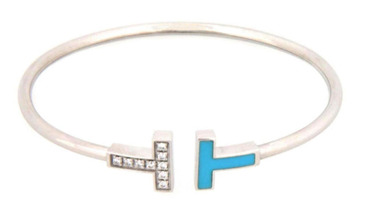 Tiffany & Co. T Wire Diamond Turquoise 18k White Gold Cuff Bangle Bracelet