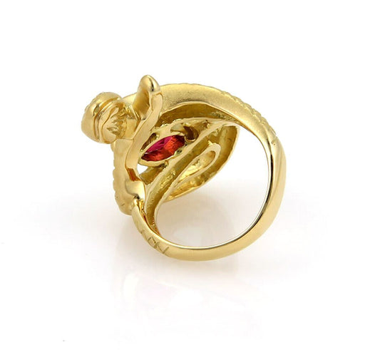 Diamonds & Pink Tourmaline 18k Yellow Gold Snake Ring - Size 5.75
