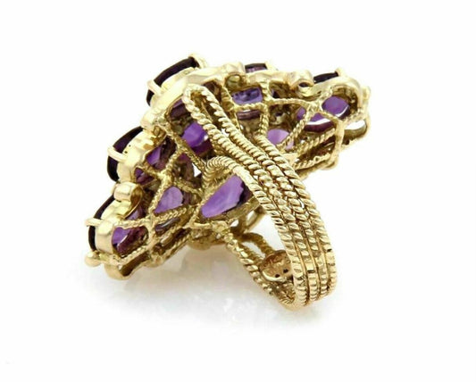 Large Amethyst & Diamonds 14k Yellow Gold Floral Cluster Ring - Size 6