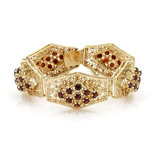 Garnet Filigree Floral 14k Yellow Gold Link Bracelet