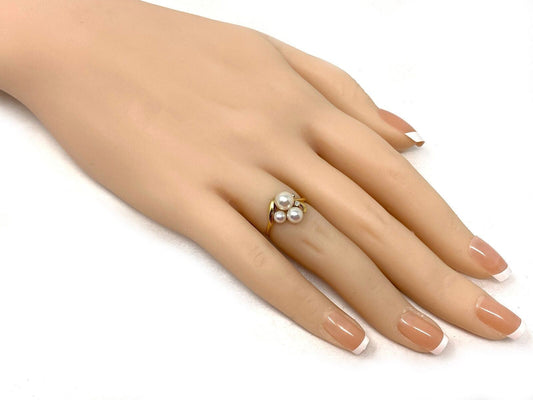 Mikimoto Akoya Pearls Diamond 18k Yellow Gold Ring - Size 3.5