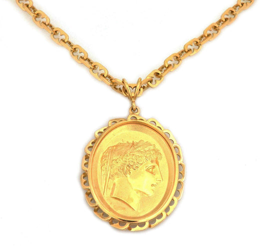 Wachler 18k Yellow Gold Embossed Cameo Oval Pendant Necklace