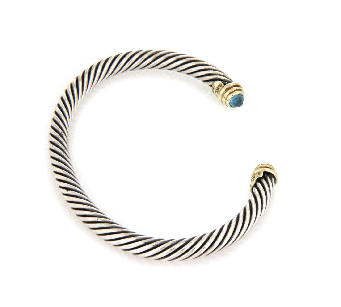 David Yurman Blue Topaz Sterling & 14k Gold 5mm Cable Cuff Bracelet