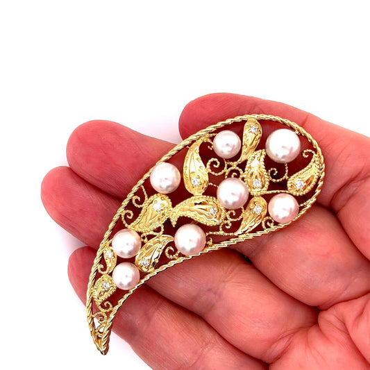 Mikimoto Akoya Pearls & Diamonds 18k Yellow Gold Long Pin Brooch