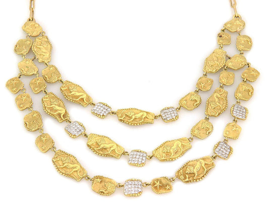 SeidenGang Athena Diamond 18k Gold Triple Strand Lions Stars Necklace