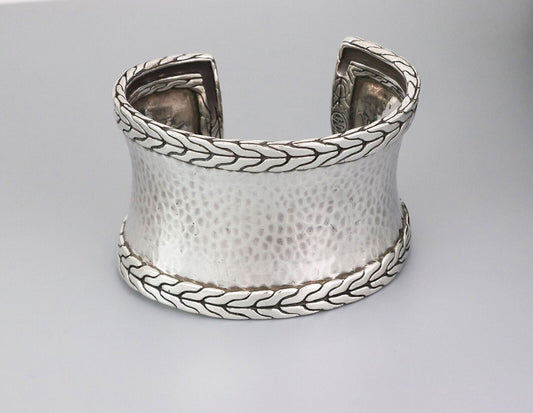John Hardy Palu Hammered Sterling Silver Wide Cuff Bangle Bracelet