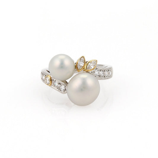 Mikimoto Diamond Akoya Pearls Platinum 18k Yellow Gold Bypass Ring - Size 5