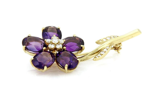 Tiffany & Co. Diamond Amethyst Flower 18k Yellow Gold Pin Brooch