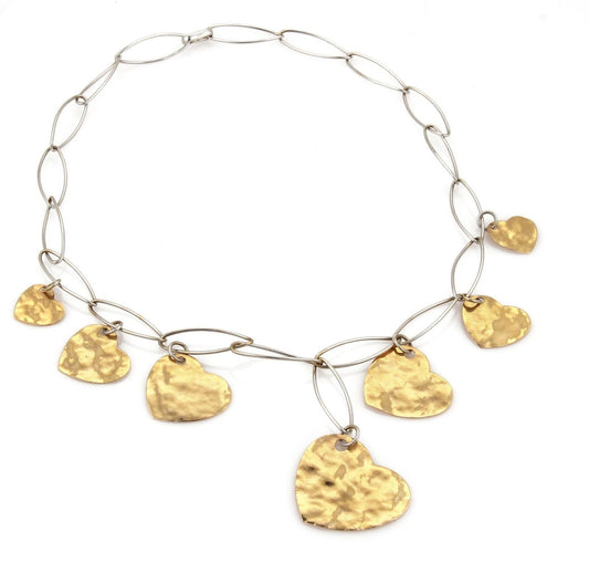 Dangling Hearts Hammered Graduated 18k Two Tone Gold Oval Link Necklace