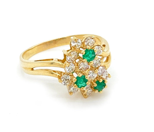 Diamond & Emerald 14k Yellow Gold Floral Ring - Size 8.5