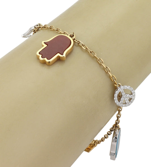 Diamond & Gem Stones 18k Yellow Gold Hamsa hands & Good Luck Charm Bracelet