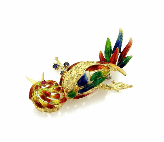 Large Enamel 18k Yellow Gold Parrot Brooch Pin