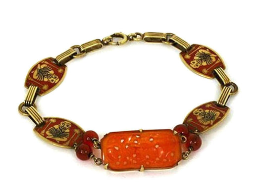 Carnelian & Enamel Buddha 14k Yellow Gold Bracelet