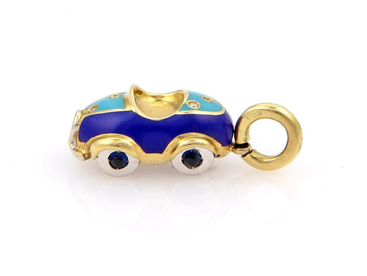 Aaron Basha Diamond Sapphire Enamel 18k Yellow Gold Car Charm Pendant