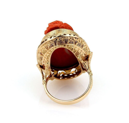 Deep Carved Coral Cameo Woman 18k yellow Gold Ring - Size 7