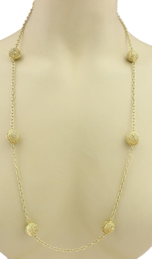 Eight Filigree Ball Station 14k Yellow Gold Long 30" Chain Necklace