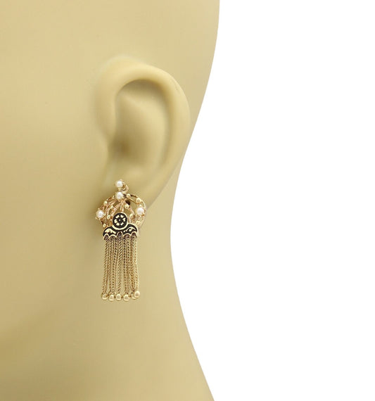 Pearls & Enamel Fancy Multi Tassel 14k Yellow Gold Dangle Earrings