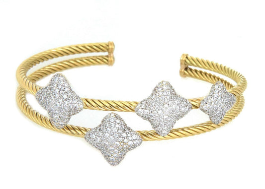David Yurman Diamond 18k Gold Quatrefoil Double Cable Band Cuff Bracelet