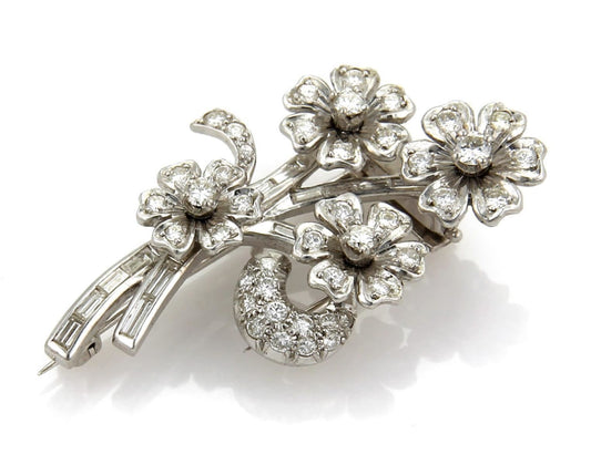 Platinum Diamond & Solid Spinning Floral Spring Brooch Pin