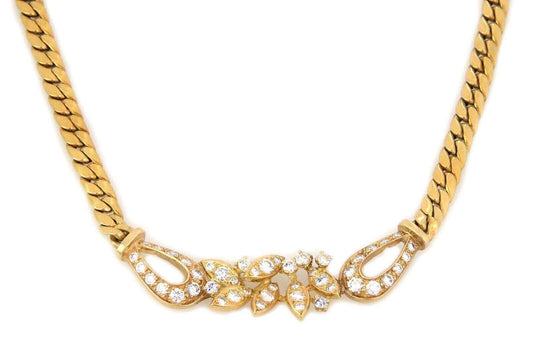 Floral Diamond Centerpiece 18k Yellow Gold Curb Link Collar Necklace