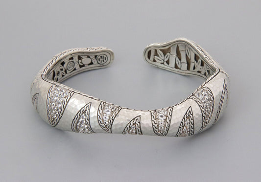 John Hardy Palu Macan Topaz Sterling Silver Hammered Wave Cuff Bangle Bracelet