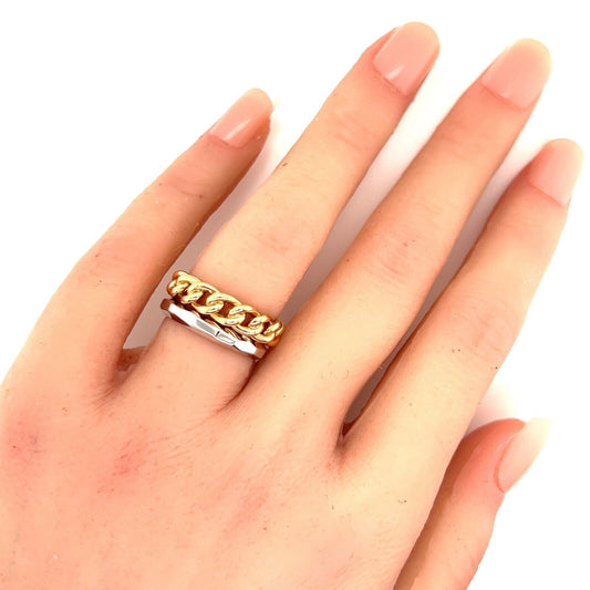 Pomellato Milano 18k Two Tone Gold Chain & Bevel Style Double Stack Band Ring - Size 5