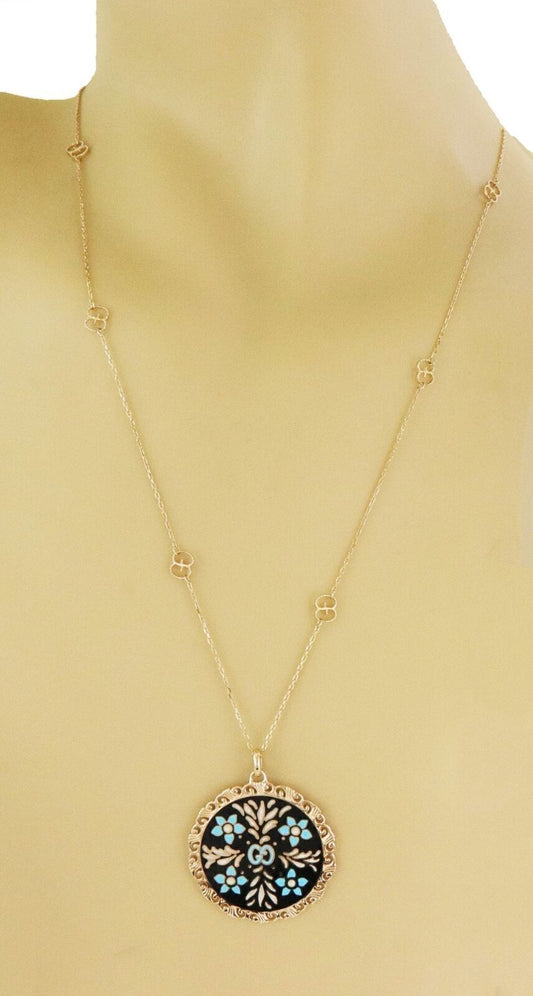 Gucci Bloom Enamel 18k Yellow Gold Floral Medallion Pendant Logo 31" Long