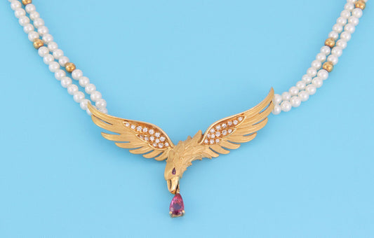 Carrera y Carrera Ruby Diamond Pearls 18k Yellow Gold Eagle Necklace