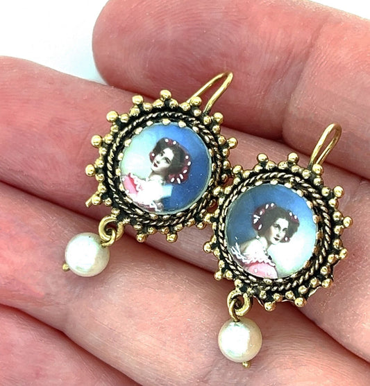 Painted Cameo & Pearl 14k Yellow Gold Earrings