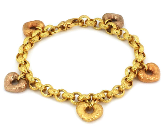 Hand Hammered 19k Multicolor Gold 5 Heart Charms Chain Bracelet | Bracelets | Bracelets, catalog, Estate | Estate