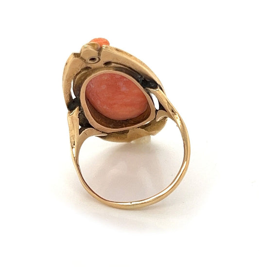 Diamond & Coral Cameo 14k Yellow Gold Long Finger Ring - Size 6.5