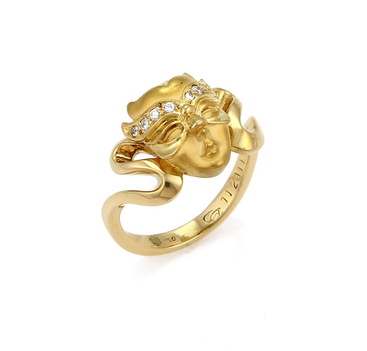 Carrera y Carrera Woman's Masked Face Diamond 18k Yellow Gold Ring - Size 6