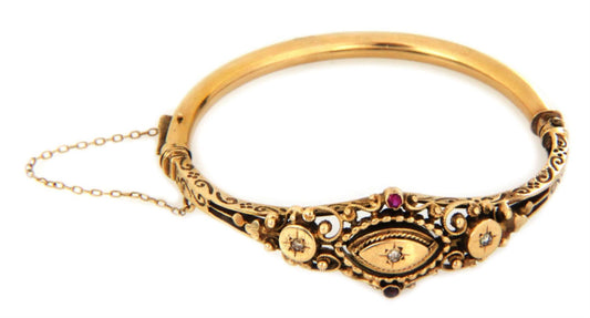 Diamond & Ruby 14k Yellow Gold Fancy Scrolls Floral Bangle