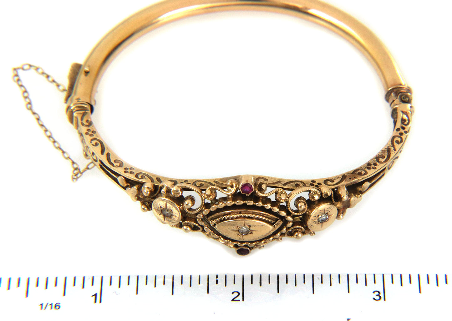 Diamond & Ruby 14k Yellow Gold Fancy Scrolls Floral Bangle