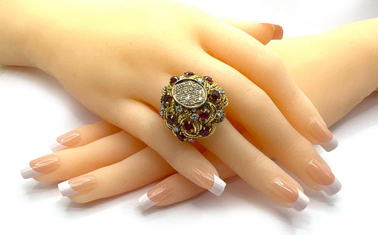 Jack Gutschneider Diamond Ruby 18k Yellow Gold Dome Ring - Size 7