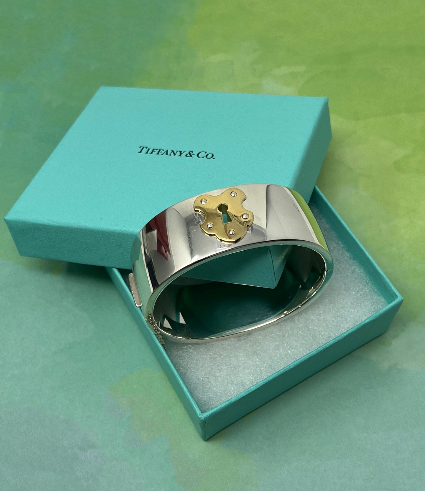 Tiffany & Co. Sterling & 18k Gold 25mm Wide Key Lock Bracelet Bangle