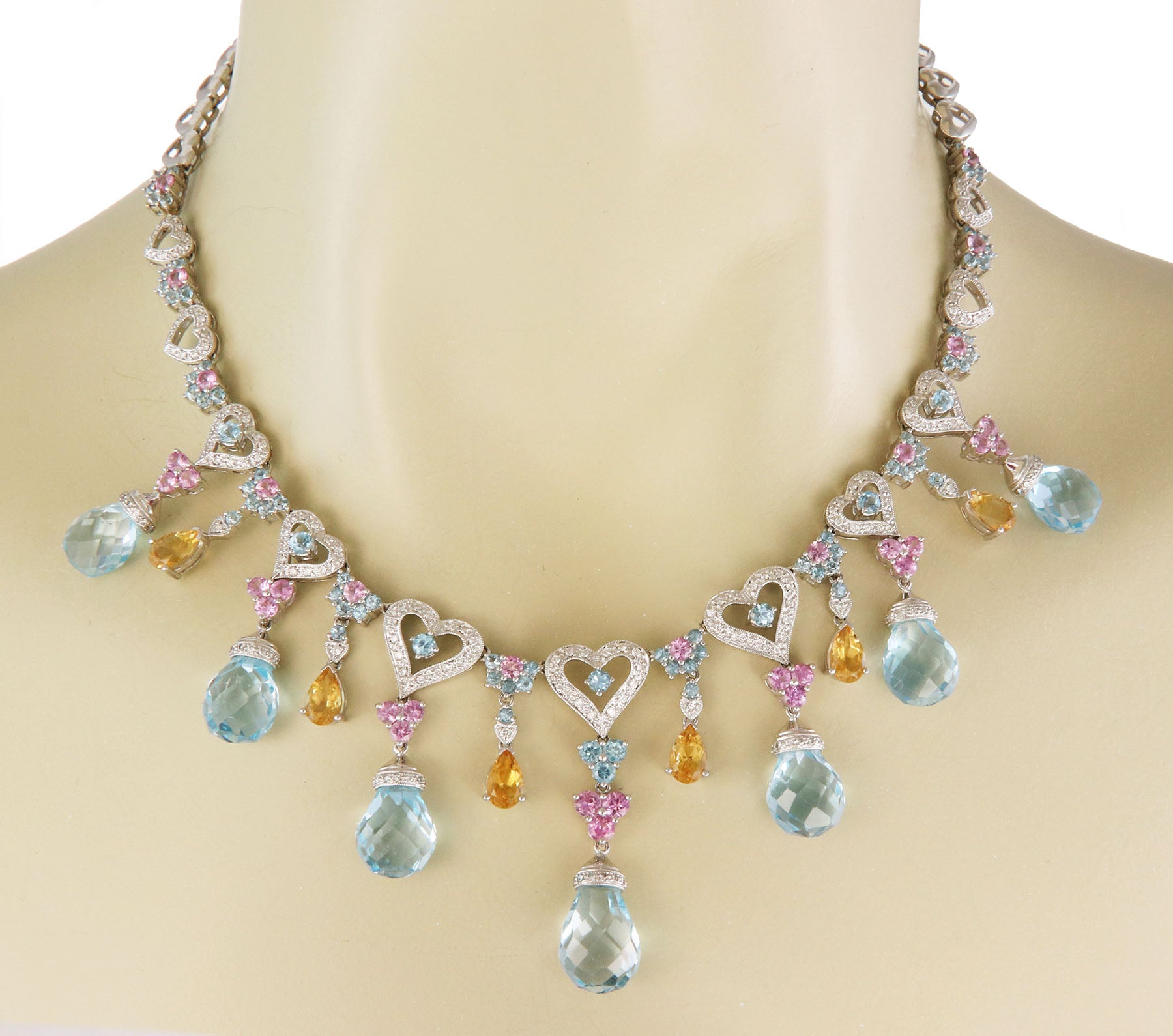 Diamond & Gemstone Hearts Drop 18k White Gold Bib Necklace | Necklaces | catalog, Estate, Necklaces | Estate