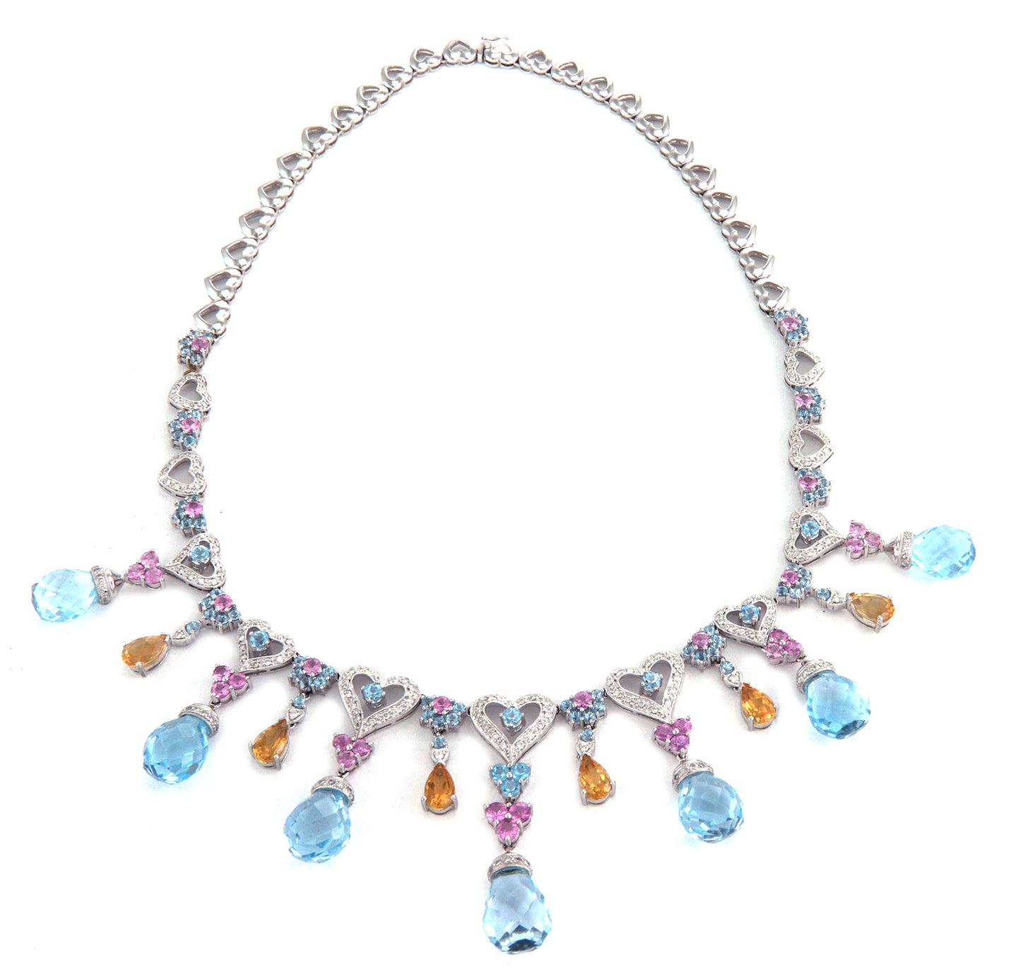Diamond & Gemstone Hearts Drop 18k White Gold Bib Necklace