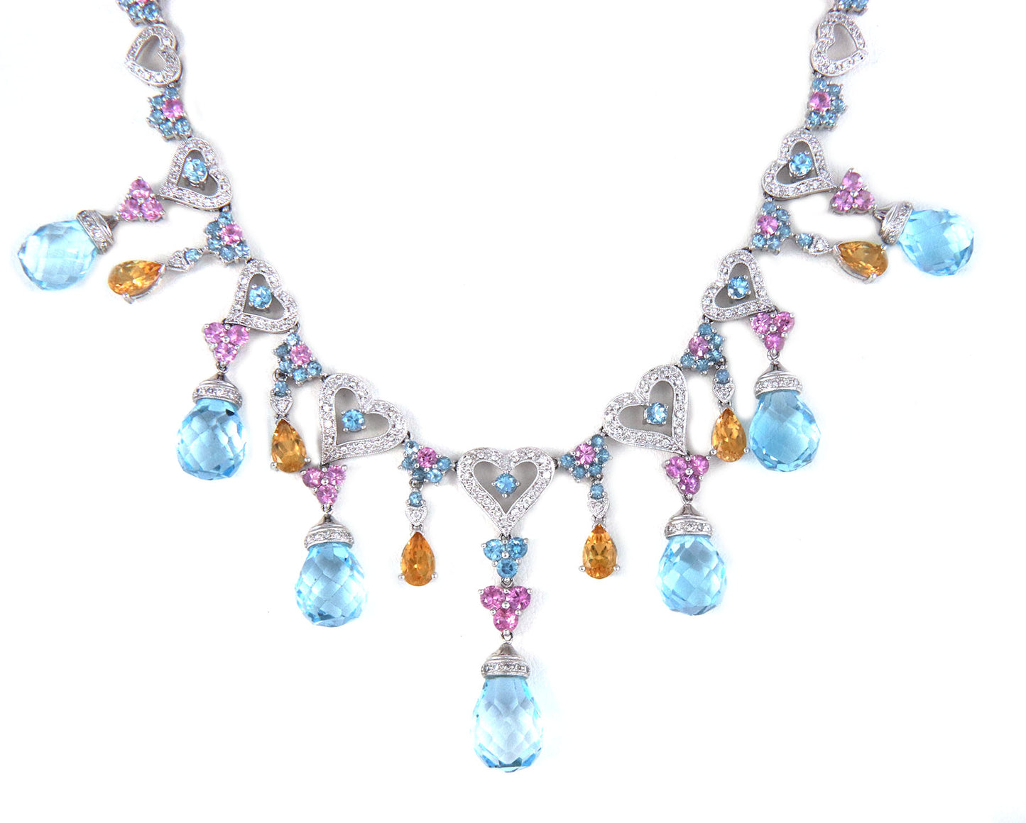 Diamond & Gemstone Hearts Drop 18k White Gold Bib Necklace
