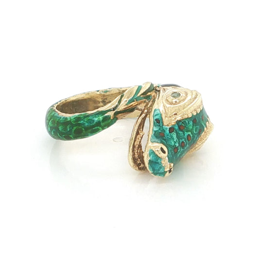 Emerald green enamel snake statement ring in 18k yellow gold size 7