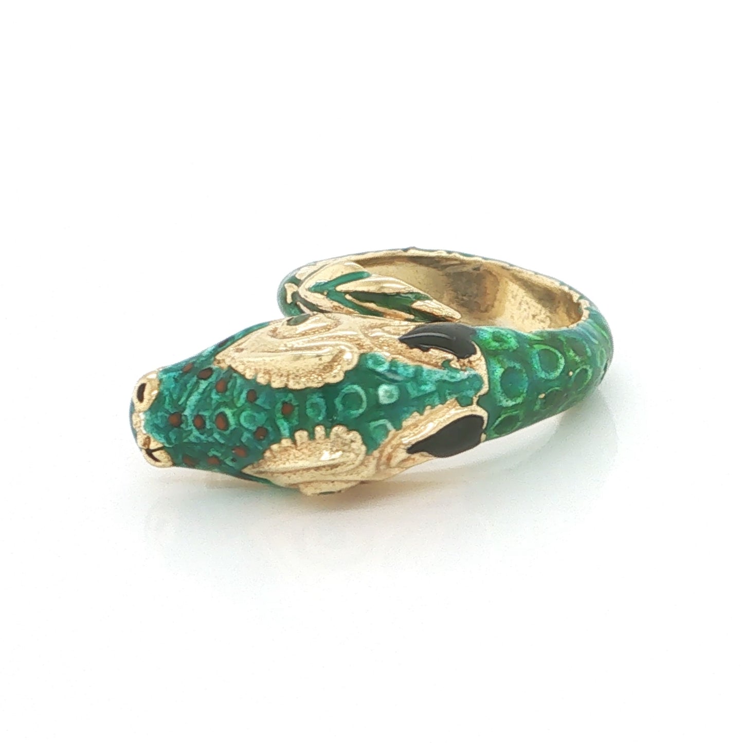 Right side view of the sculptural 18k yellow gold snake ring featuring vibrant green enamel, textured scales, and a natural emerald accent.