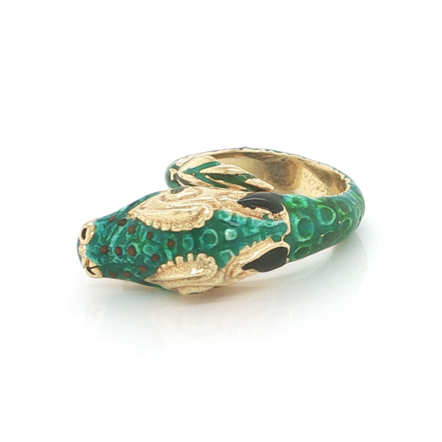 Right side view of the sculptural 18k yellow gold snake ring featuring vibrant green enamel, textured scales, and a natural emerald accent.