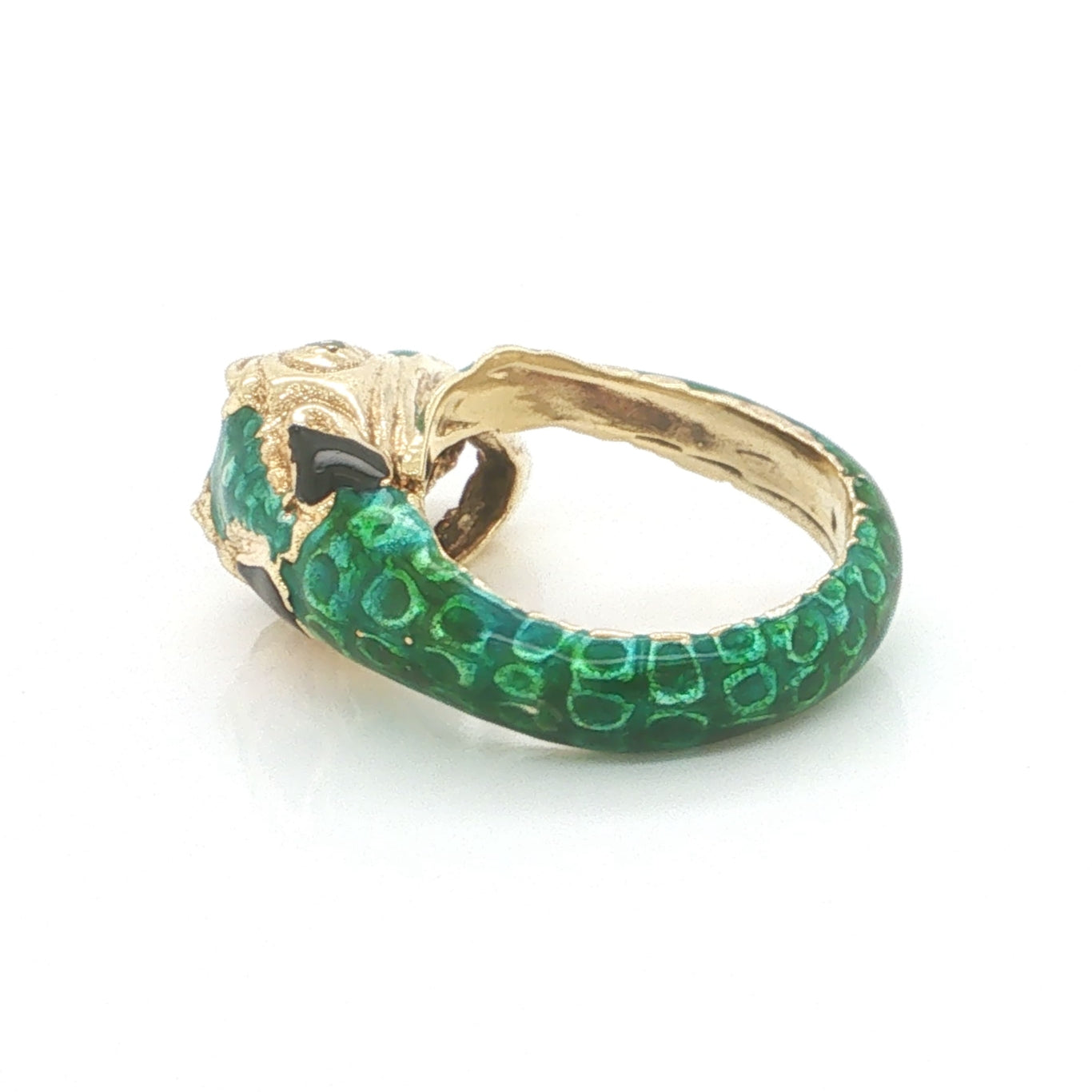 Left side view of the sculptural 18k yellow gold snake ring featuring vibrant green enamel, textured scales, and a coiled serpent design.