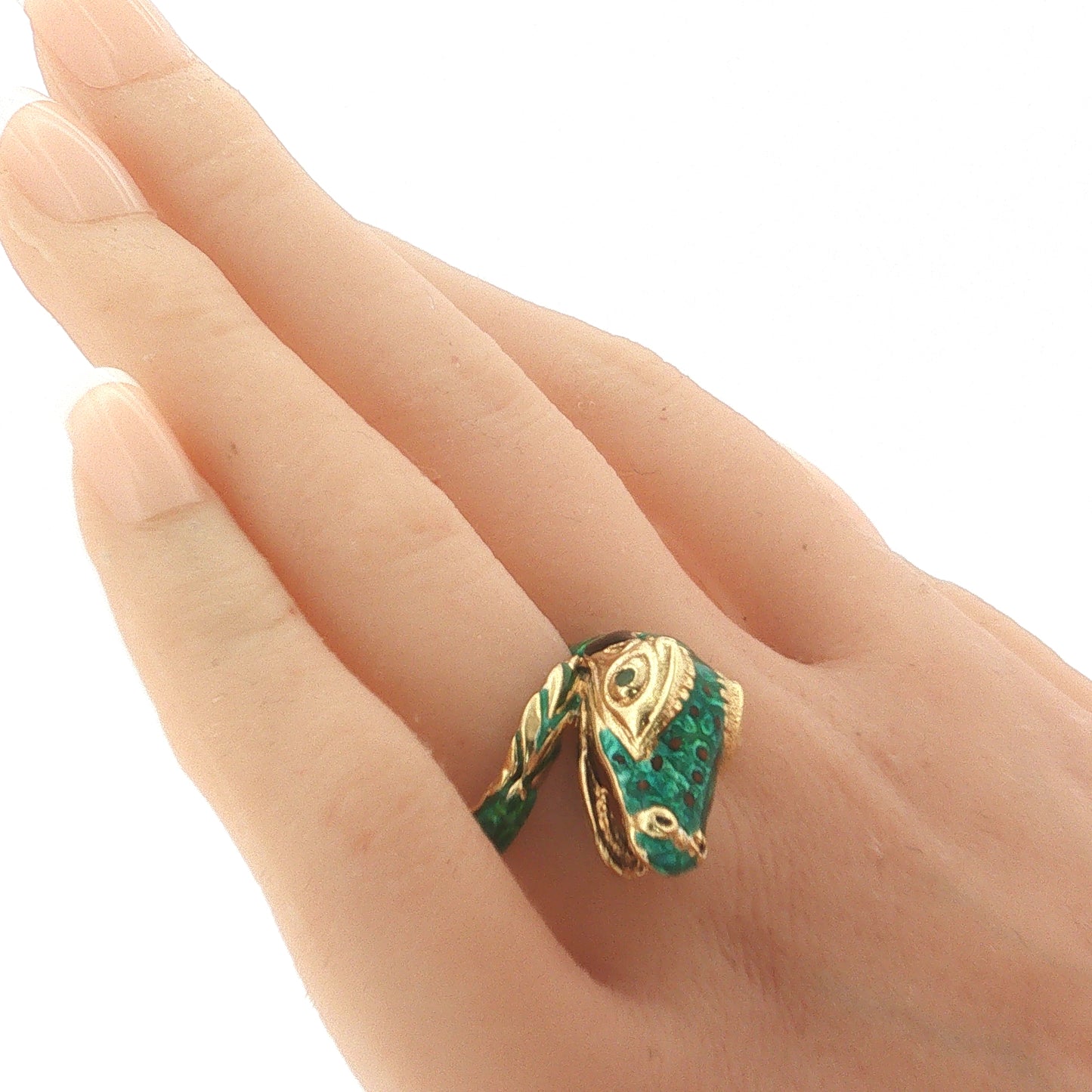 Green Enamel Emerald Snake Statement Ring 18k Yellow Gold Size 7
