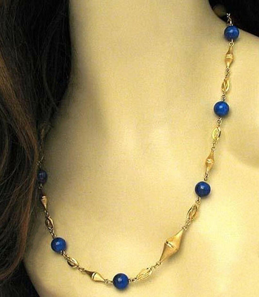 Lapis Bead Fancy Textured 14k Yellow Gold Link Necklace