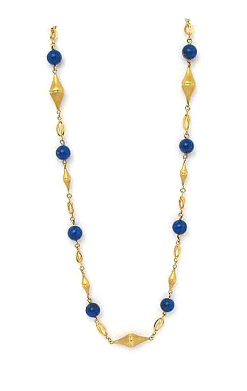 Lapis Bead Fancy Textured 14k Yellow Gold Link Necklace