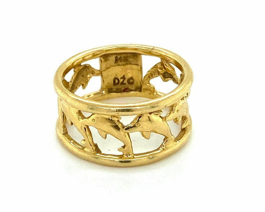 All Around Dolphin 14k Yellow Gold Wide Band Ring - Size 6.5