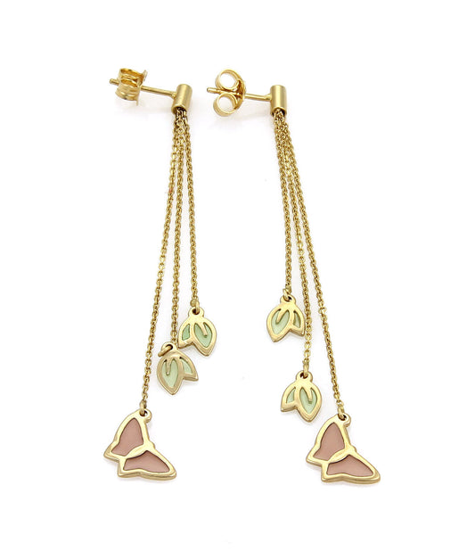 Enamel Butterfly & Leaf 14k Yellow Gold Long Triple Chain Dangle Earrings