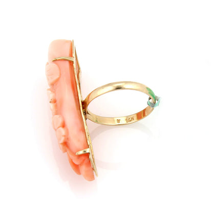 Long Coral Curved Floral 14k Yellow Gold Bar Ring - Size 7